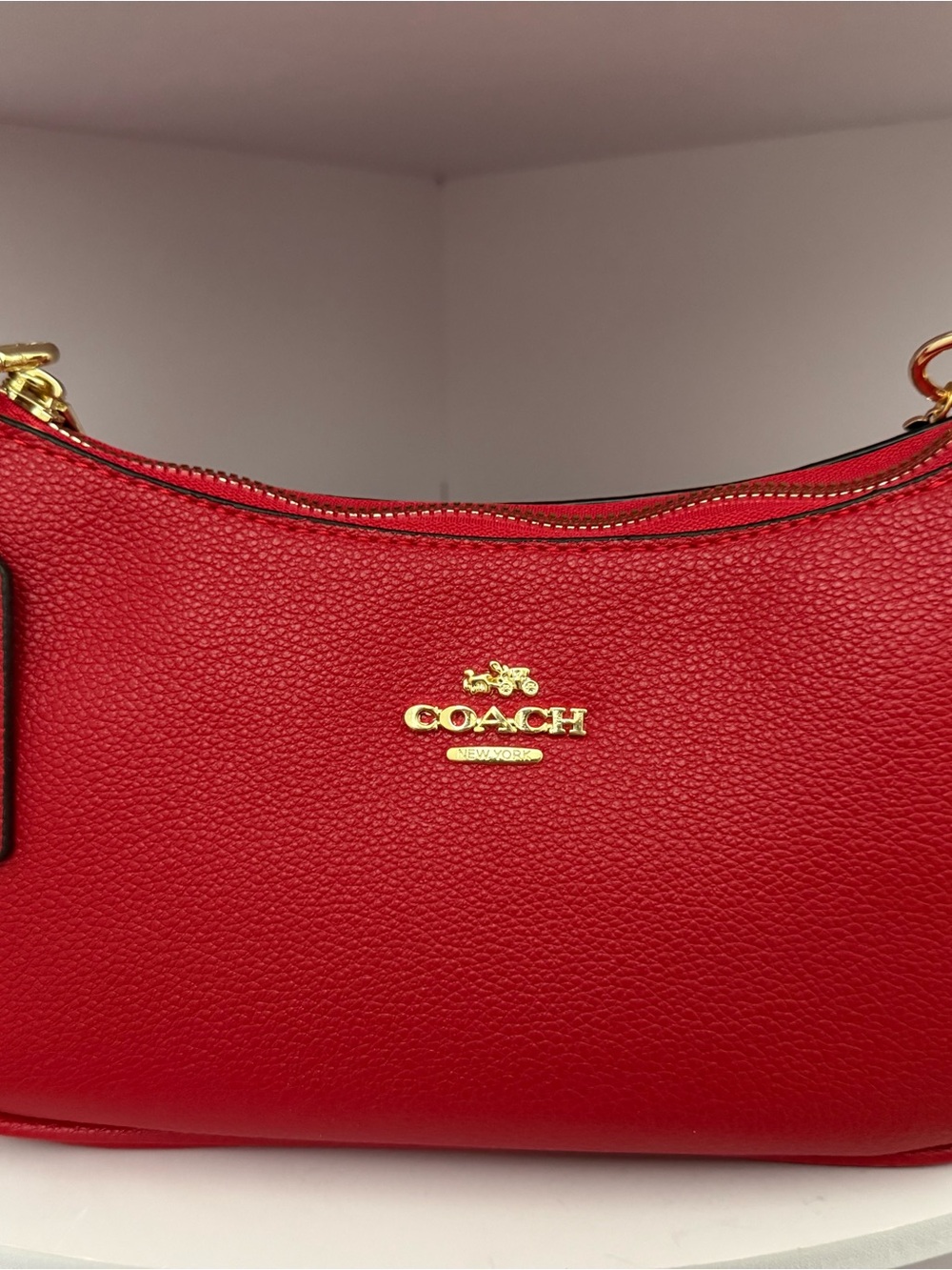 Coach Red Pebbled Leather Crescent Shoulder Bag with Gold Hardware